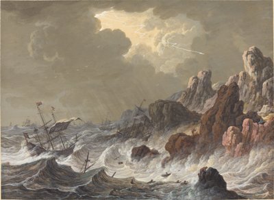 岩の多い海岸で難破した嵐の船。 作： Johann Christoph Dietzsch
