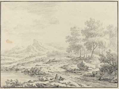 湖の近くで休んでいる 2 人の男性。 作： Johann Christoph Dietzsch