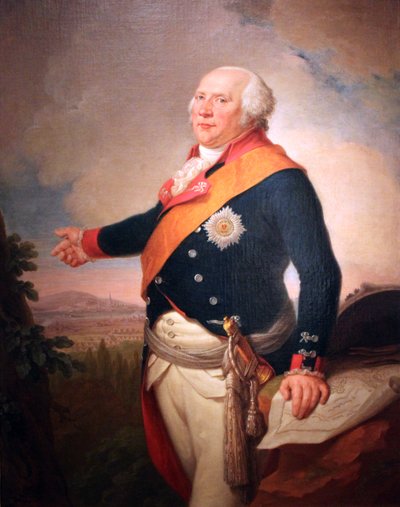 プロイセン黒鷲勲章の星を持つプロイセン国王フリードリヒ・ウィリアム2世（1744-1797）の肖像、左手はフランクフルトの地図、フランクフルト郊外に陣取るプロイセン軍のある風景画 作： ヨハン・クリストフ・フリッシュ