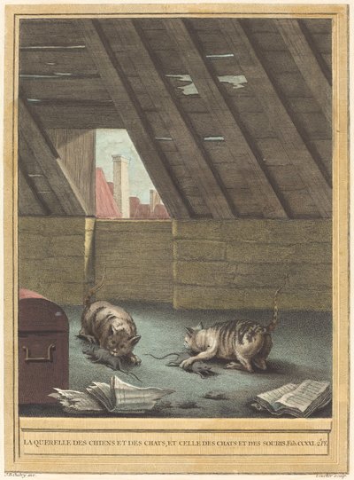 猫と犬の喧嘩と猫とネズミの喧嘩 作： Johann Christoph Teucher after Jean Baptiste Oudry
