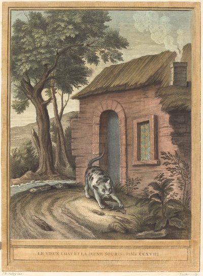 年老いた猫と若いネズミ 作： Johann Christoph Teucher after Jean Baptiste Oudry