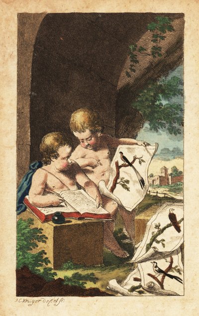 鳥の足跡を研究している 2 人の若い鳥類学者 作： Johann Conrad Kruger