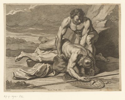 男はローマの槍兵の死体を腕に抱えている 作： Johann Conrad Reiff