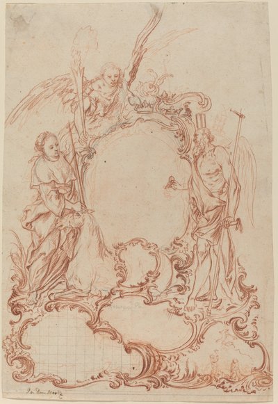 寓意的な人物によるロココのカルトゥーシュ 作： Johann Daniel Herz the Elder