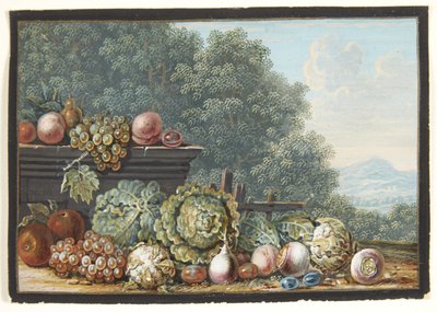 野菜と果物のある静物。 バック グラウンドで南山の風景のビュー 作： Johann Dietzsch