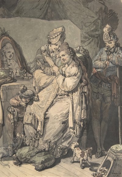 メイド、少年、犬、若い兵士と一緒にトイレにいる女性、verso: A Sketch..., 1770. 作： Johann Eleazar Schenau