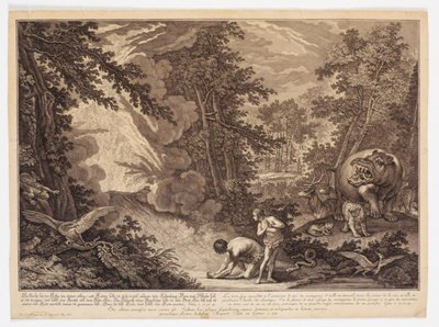 神は、アダムとイブが木の実を食べたことを発見した 作： Johann Elias Ridinger