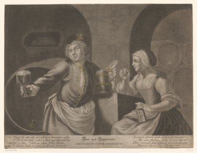 男と女はビールとブランデーを飲む Bier und Brandewein / Cerevisia et vinum sublimatum 作： Johann Elias Ridinger