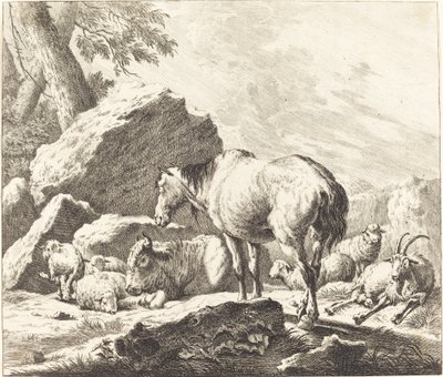 イタリアの風景の中の馬、水牛、羊、山羊 作： Johann Elias Ridinger after Johann Heinrich Roos