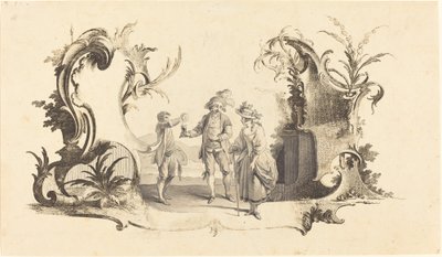ワインを提供される若いカップルとカルトゥーシュ モデルヌ 作： Johann Esaias Nilson