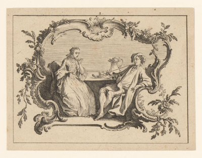 カルトゥーシュのテーブルで女性とパイプを吸う男性 ロココ調のスモーカー（連載タイトル） 作： Johann Esaias Nilson