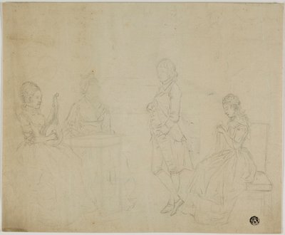 座っている 3 人の女性と若い男性が立っている家族グループのスケッチ 作： Johann Friedrich August Tischbein