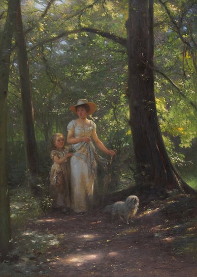 ブナの森で犬を連れた女性 作： Johann Friedrich Engel