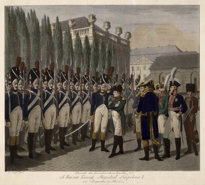 1806年にベルリンのLustgartenでフランス衛兵のパレード - Juegel、Johann Friedrich (1772-1833) - 1806 - Aquatint - 31,6x39 - 個人コレクション 作： Johann Friedrich Jügel