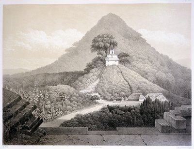 パレンケの十字架の神殿の絵のような景色、「メキシコの古代遺跡」のプレート20、ユベール・クレルジェ（1818-99）の彫刻、1866年（リトグラフ）。 作： Johann Friedrich Maximilian von (after) Waldeck