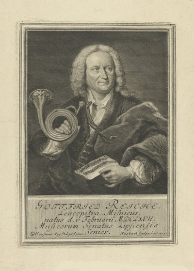 トランペット奏者であり作曲家であるゴットフリート・ライヒ1667-1734、1727の肖像。 作： Johann Friedrich Rosbach