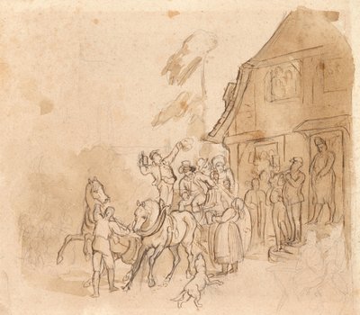 パブの前でビールを飲む人たちを乗せた馬車 作： Johann Friedrich Voltz