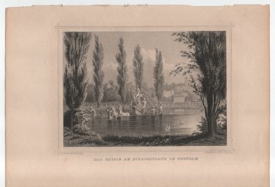 1855年頃、ポツダムのシュロス広場の水盤（エングレーヴィング） 作： Johann Gabriel Friedrich Poppel