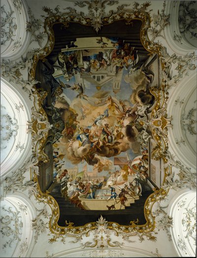 バロック芸術。"聖人に囲まれた聖母" ヨハン・ゲオルク・ベルグミュラー（1688-1792）による丸天井のフレスコ画 1736年 アウグスティヌス会修道院の教会。1732-1739年 ドイツ、ディエッセン・アム・アメルセー 作： Johann Georg Bergmuller