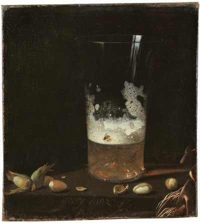 ビールグラスとナッツのある静物 作： Johann Georg Hainz