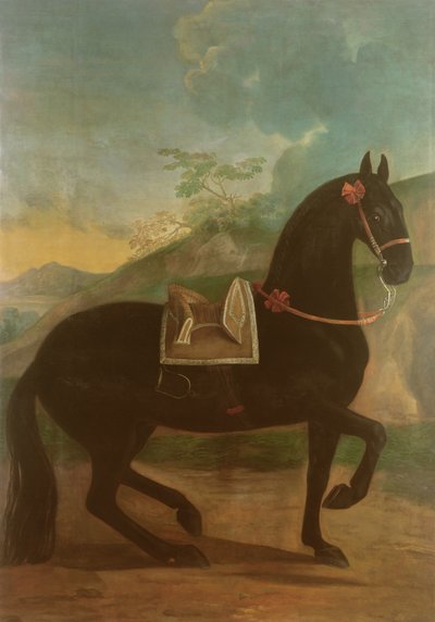 スペインのサドルを装備した黒い馬 作： Johann Georg Hamilton