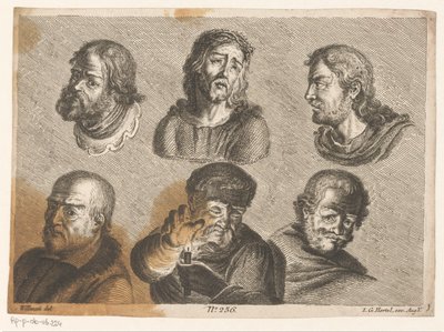 キリストとろうそくを持った男性を含む 6 人の男性の頭 作： Johann Georg Hertel (I) (possibly)