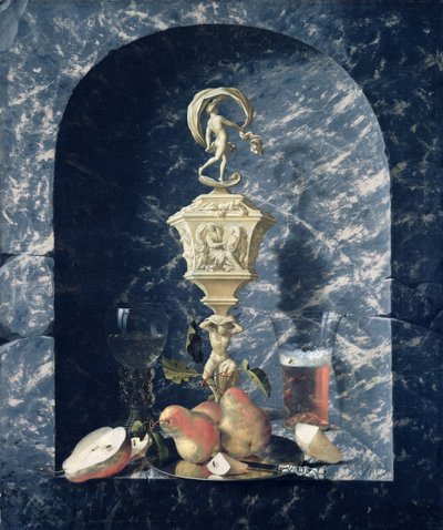 石造りの床の間の装飾された杯、果物とグラスのある静物、1682 作： Johann Georg Hinz