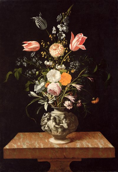 大理石のテーブルにレリーフと花のついた花瓶 作： Johann Georg Hinz
