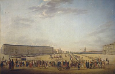 サンクトペテルブルクの宮殿広場の衛兵交代c。 1800 作： Johann Georg Mayr
