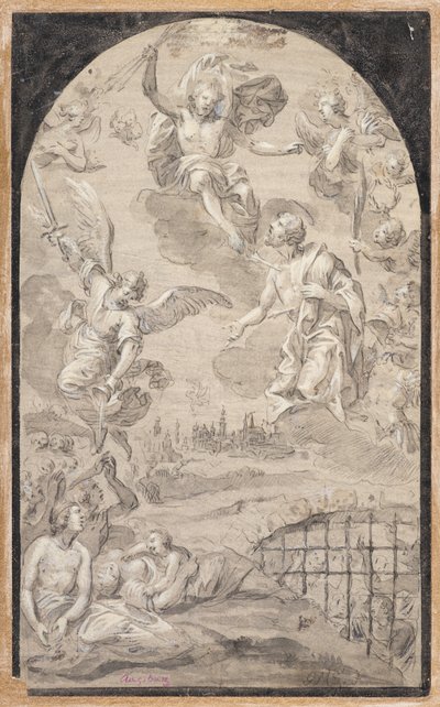 アウクスブルクの街に雷を落とさないようキリストに執り成す聖人 作： Johann Georg Melchior (1625 1705) Schmittner