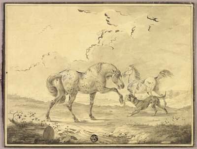犬と闘う2頭の馬 作： Johann Georg Pforr
