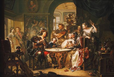 豪華なインテリアの老婦人とカードで浮気する紳士、 作： Johann Georg Platzer