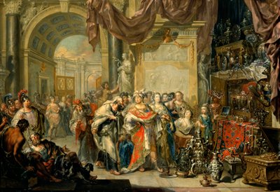 ""Cresus (596-546 avant JC) montre ses tresors a Solon (640-558 av. JC)" - Croesus and Solon - Johann Georg Platzer (1704-1761) による銅に油彩 - State Art Gallery、ドレスデン 作： Johann Georg Platzer