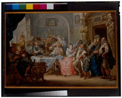 仮面舞踏会の衣装を着たエレガントな人々が宴会をするインテリア 作： Johann Georg Platzer