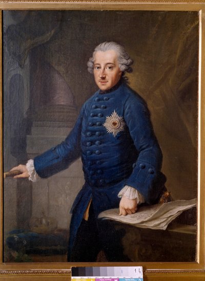 プロイセンのフレデリック2世（1712-1786）の肖像 プロイセンの王であるフレデリック2世は、フレデリック大帝と呼ばれ、光の世紀の理想を掲げた啓蒙家の専制君主でした。ヨハン・ジーセニス（1716-1776）による絵画。1769.フランクフルト。歴史博物館 作： Johann Georg Ziesenis
