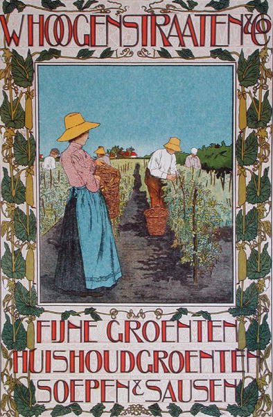 エンドウ豆の収穫、「Whoogenstraaten & Co, purveyors of fine vegetable, soups and sauces」の広告ポスター 1898-90年頃（カラーリトグラフ） 作： Johann Georg van Caspel