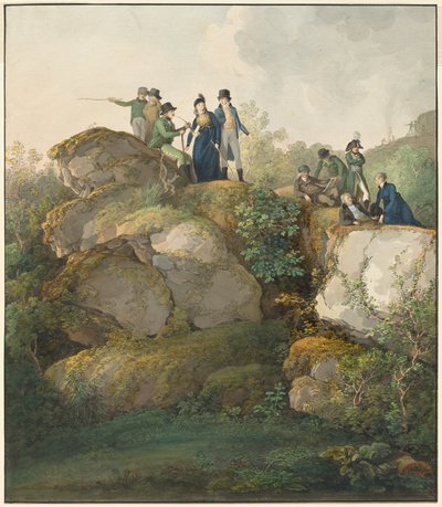 ヘッセルベルク山の頂上で夕日を眺めるロイヤル パーティー 作： Johann Georg von Dillis