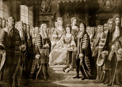1706年にアン女王に贈られた連合の記事、「ハッチンソンのイギリス国民の物語」、1923年頃のイラスト 作： Johann Gerhard Huck