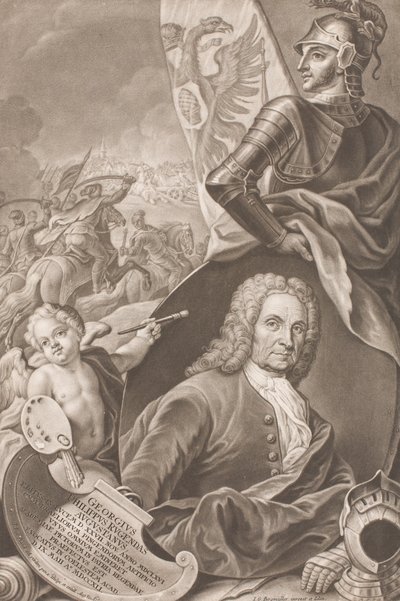 戦闘シーンを背景にした画家ゲオルク・フィリップ・ルゲンダスの胸像 作： Johann Gottfried Haid