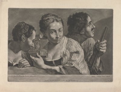 鳥の声を聞いている 2 人の女性と、銃を持った男性 作： Johann Gottfried Haid