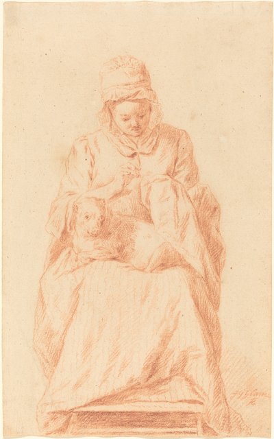 若い女性, 裁縫, ∥で∥, a, 犬, 休む, 彼女, ひざ 作： Johann Gottlieb Glume