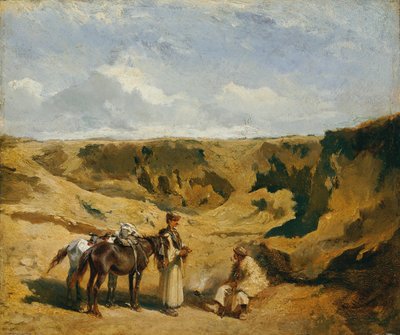 プシュタで2頭の馬を連れた2人のハンガリー人 作： Johann Gualbert Raffalt