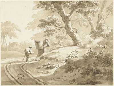 田舎道にいる女性と少年のいる風景 作： Johann Heinrich Keller (II) (possibly)