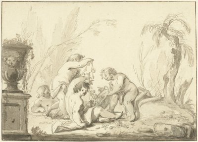 花のバスケットを持つ子供たちの寓意的な表現 作： Johann Heinrich Keller (II)