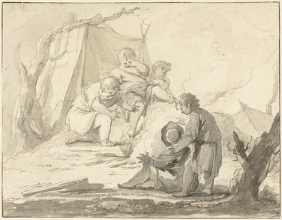 火の周りの子供たちとの寓意的なパフォーマンス 作： Johann Heinrich Keller (II)