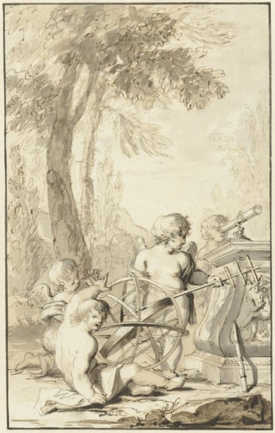 天文機器で遊ぶ子供たちとの寓話的なシーン 作： Johann Heinrich Keller (II)