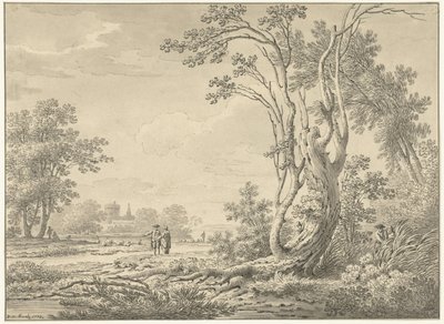 城、牛、歩行者がいる南部の風景 作： Johann Heinrich Muntz