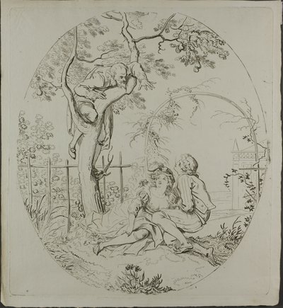 樹木の下で恋人たちを監視するヒゲの男 作： Johann Heinrich Ramberg