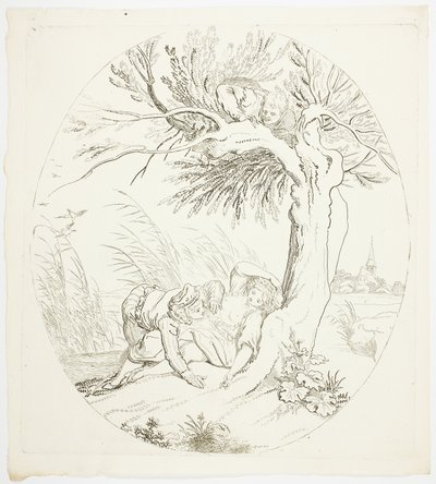 リクライニング愛好家をスパイしている観察されていない男 作： Johann Heinrich Ramberg