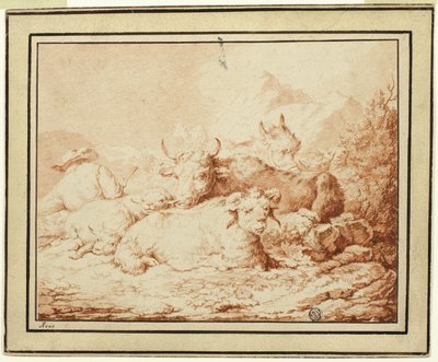岩の多い風景の中の牧夫と牛と羊 作： Johann Heinrich Roos